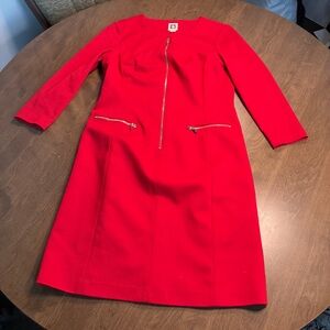 Ann Klein Red Sheath Dress Zip Pockets Size 6 Career Workwear